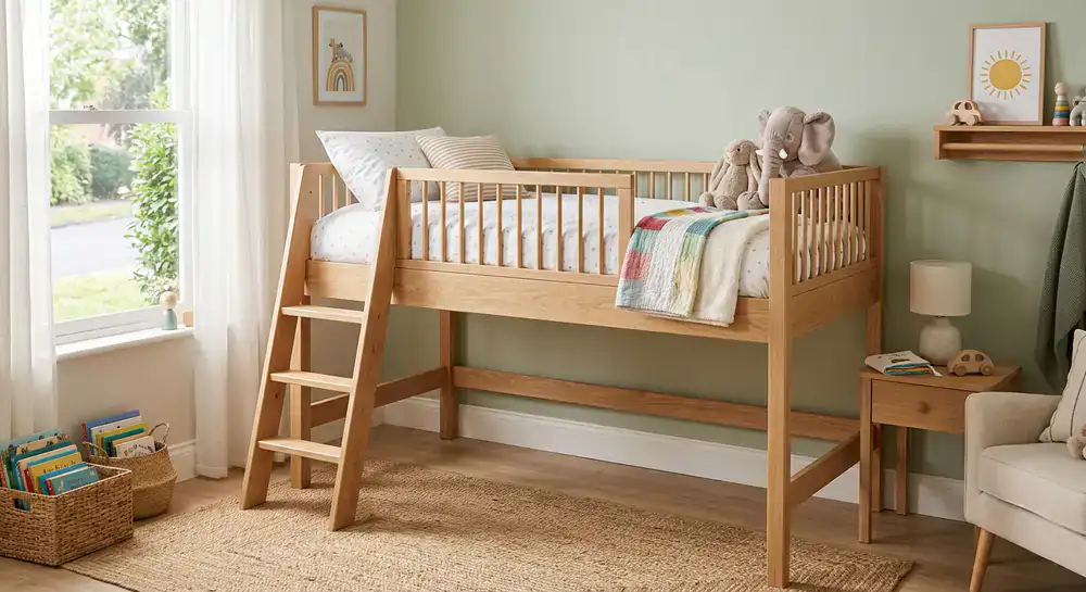 Modern wooden children's bed with safety rails