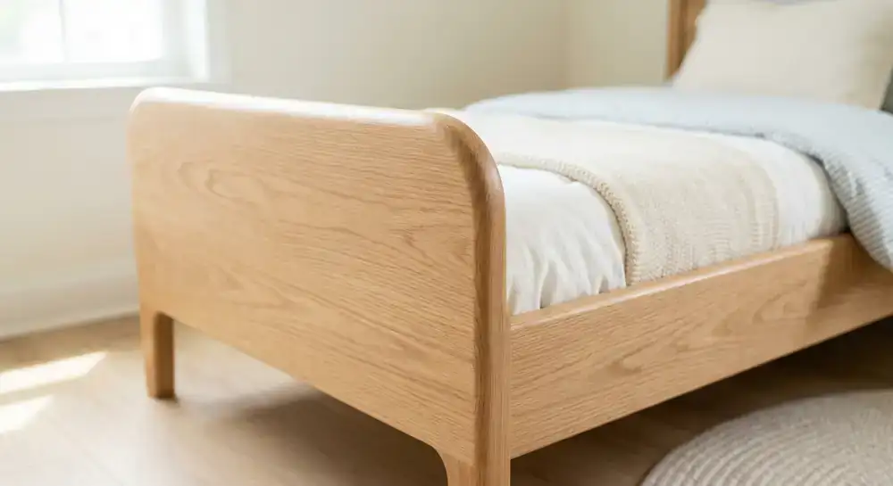 Close-up of smooth, rounded wooden edges on a child's bed