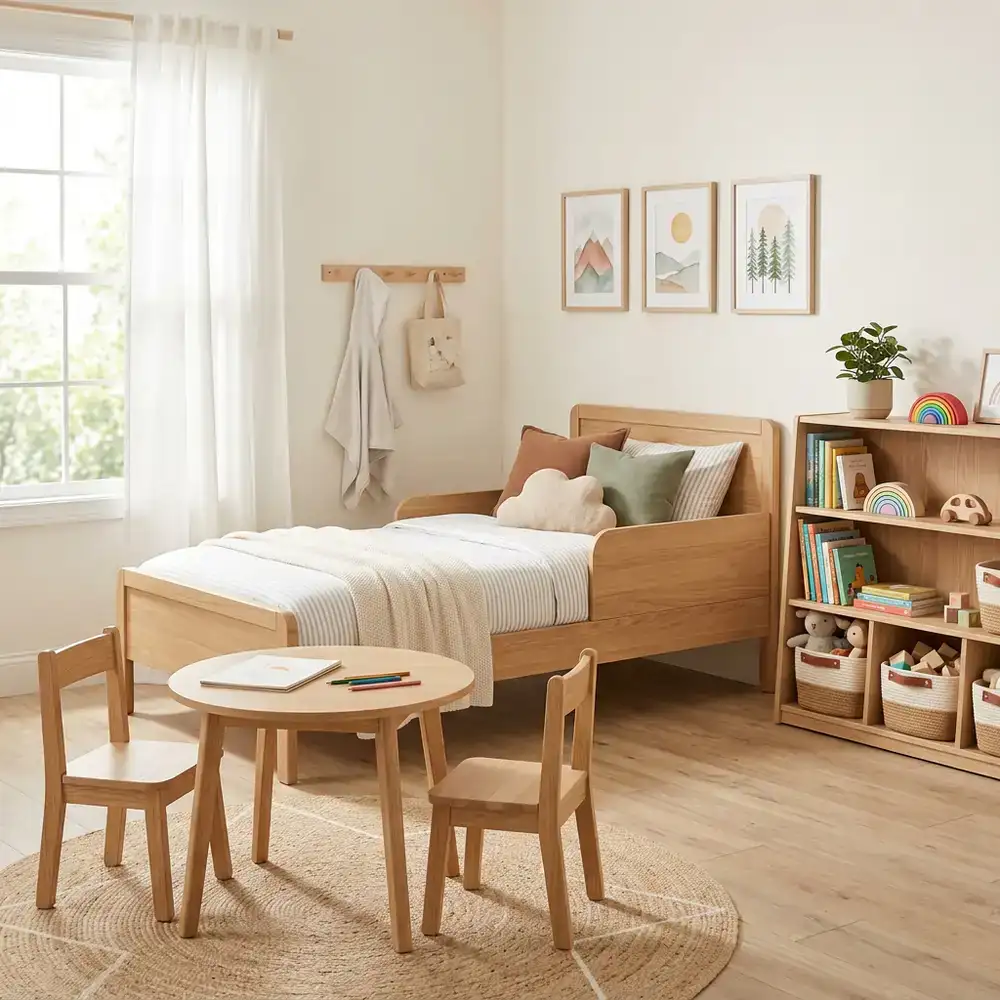 Bright and cozy children's bedroom featuring modern wooden furniture by SolidLeads Kids