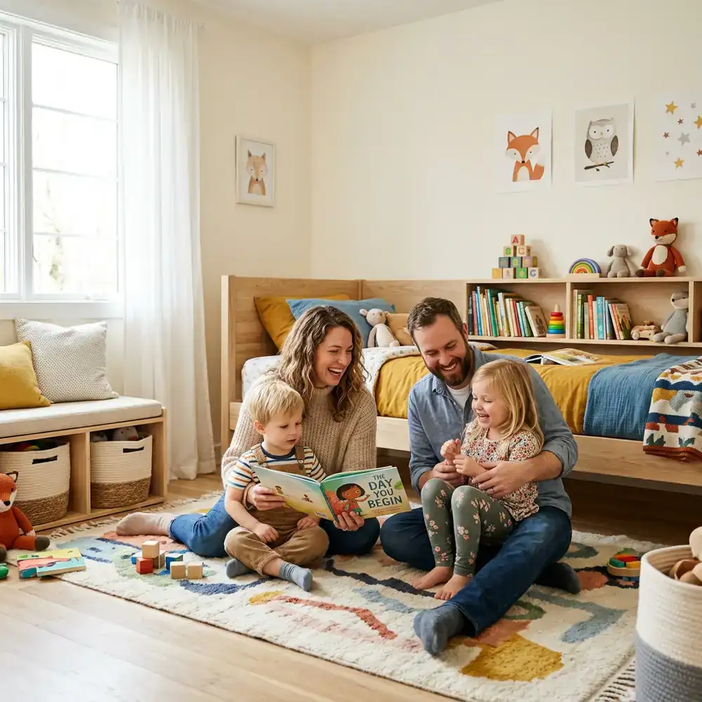 Family interacting in a modern children's bedroom with safe furniture
