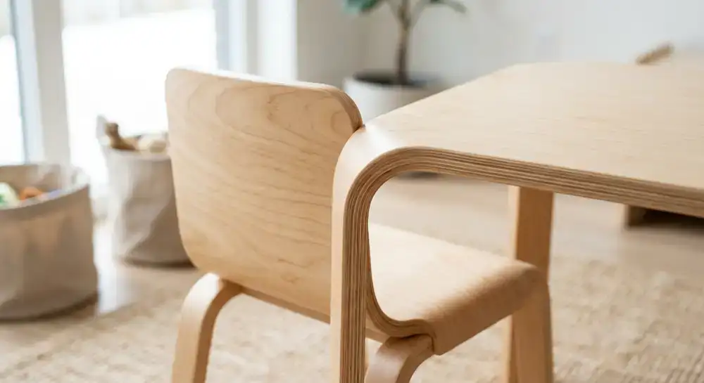 Detailed view of smooth, rounded edges on modern wooden children's furniture